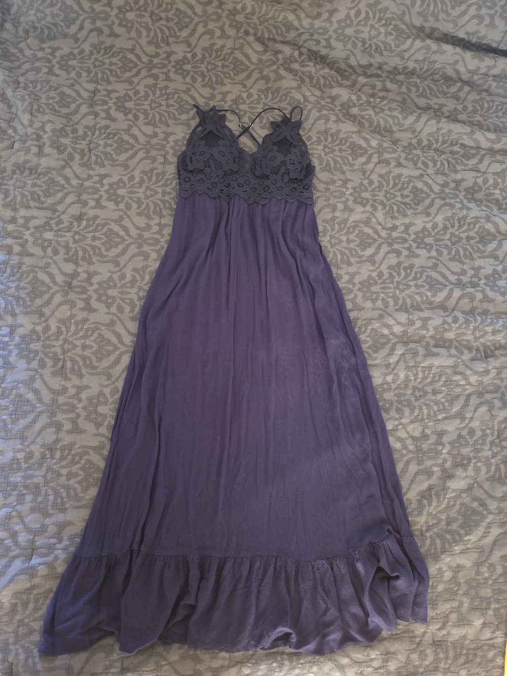 Lace-Trim Blue Maxi Dress with Flowy Skirt